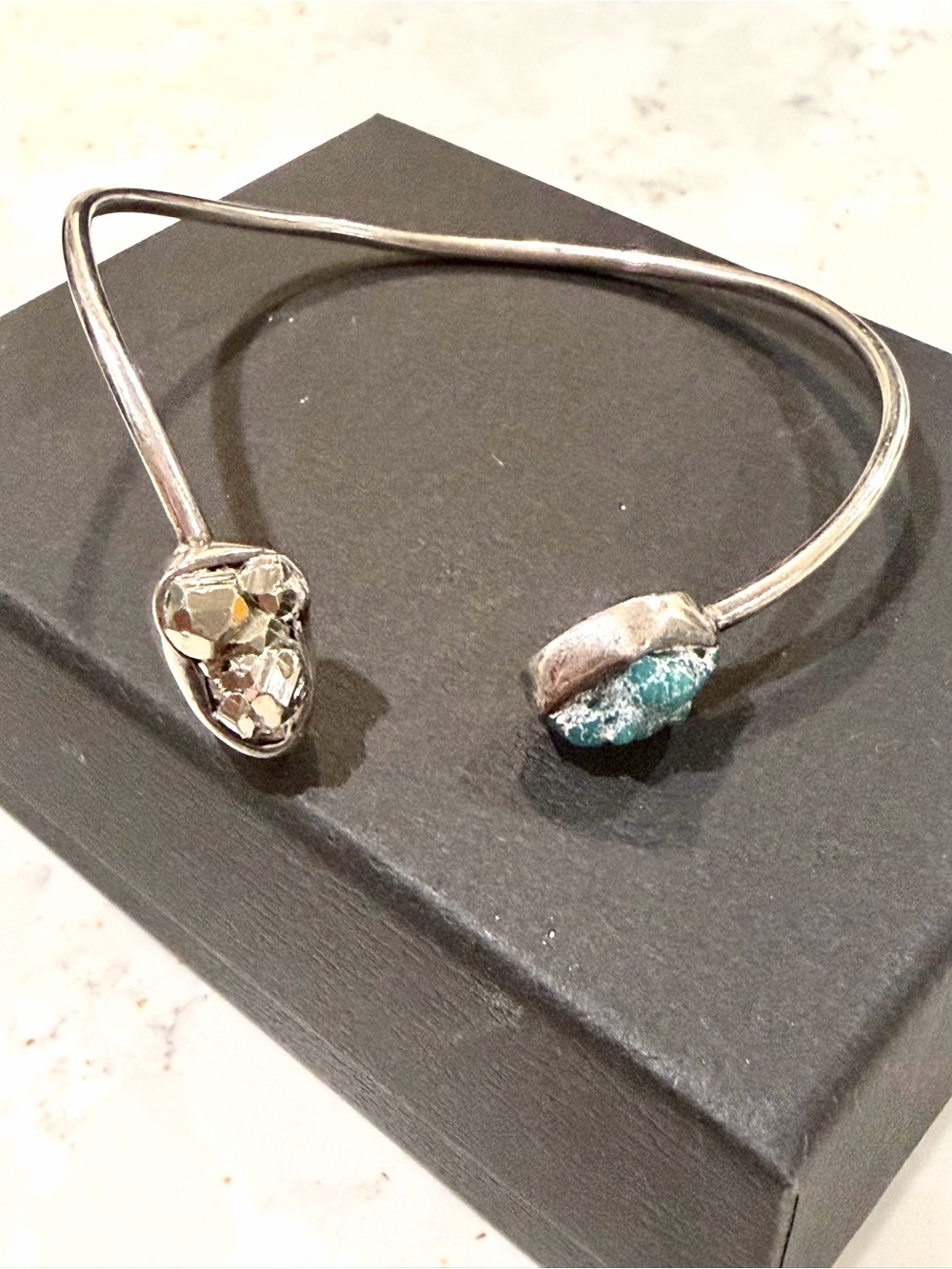Raw Pyrite and Turquoise Cuff Bracelet - Handcrafted .925 Sterling Silver Bypass